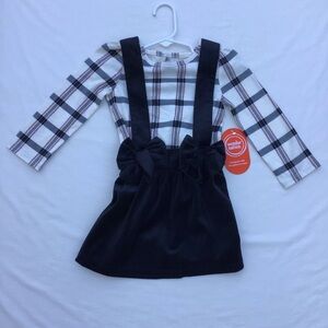 NEW 2 Piece Dress Set Black Velvet Bow Accents Plaid Top Size 2T